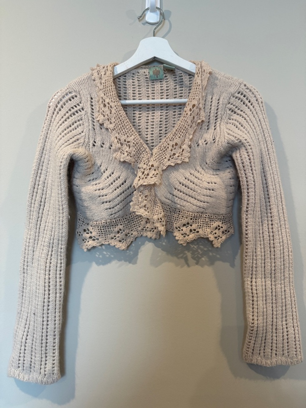 Anthropologie HWR Crochet-Trim Open Front Women's Cardigan Sweater in Beige